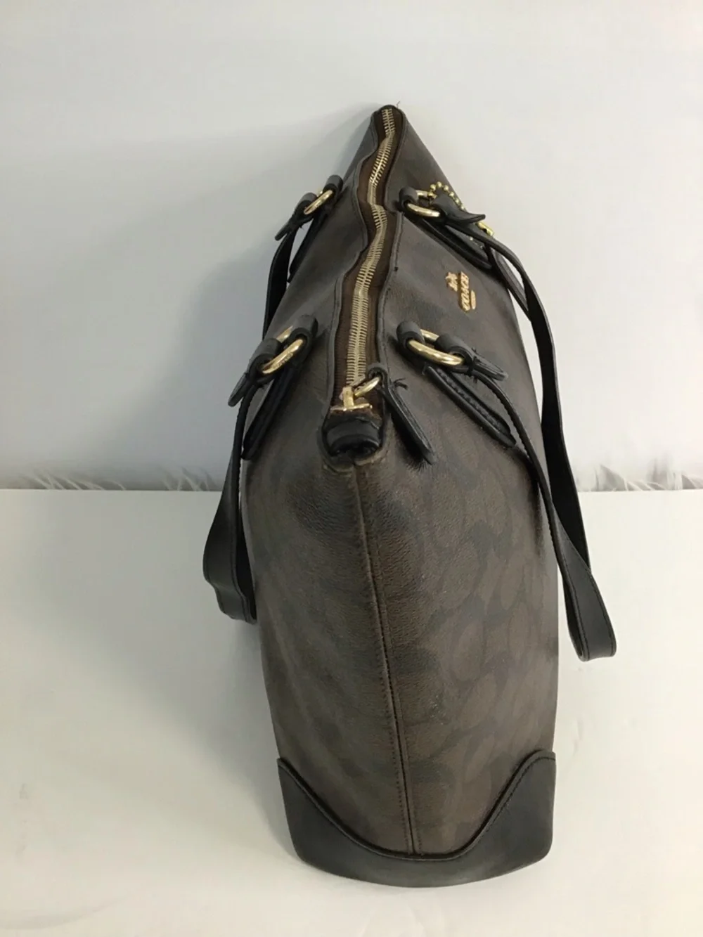 Coach Brown Signature Canvas Shoulder Tote with Black Straps